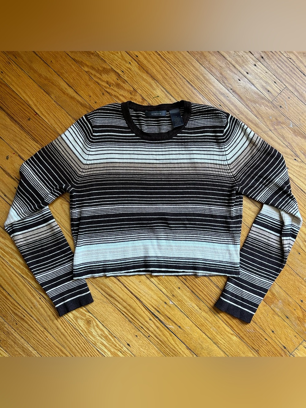 Liz Claiborne Striped Cropped Ribbed Long-Sleeve Top